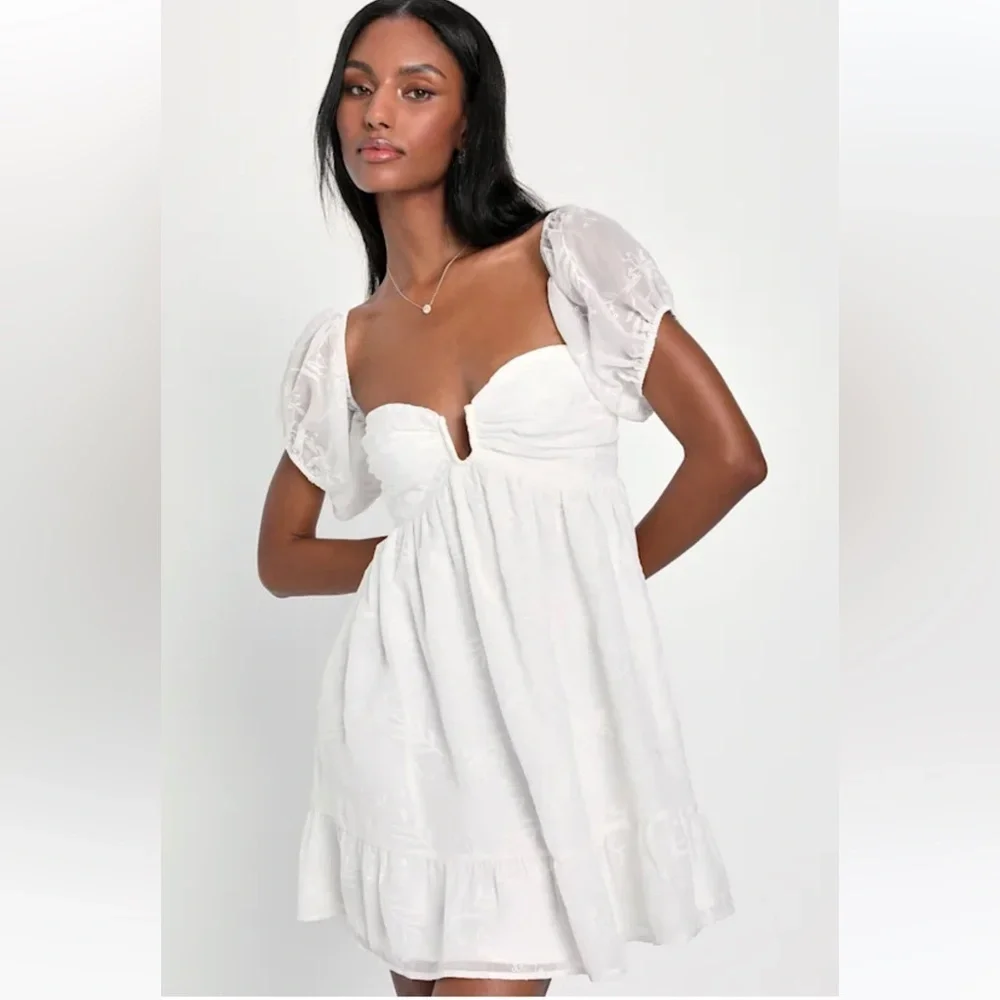 Lulus Cutest Icon White Embroidered Off-the-Shoulder Mini Dress Size Medium